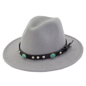 Gray Wide Brim Fedora Hat Felt Panama Jazz Cap Unisex Men Women, Turquoise Strap